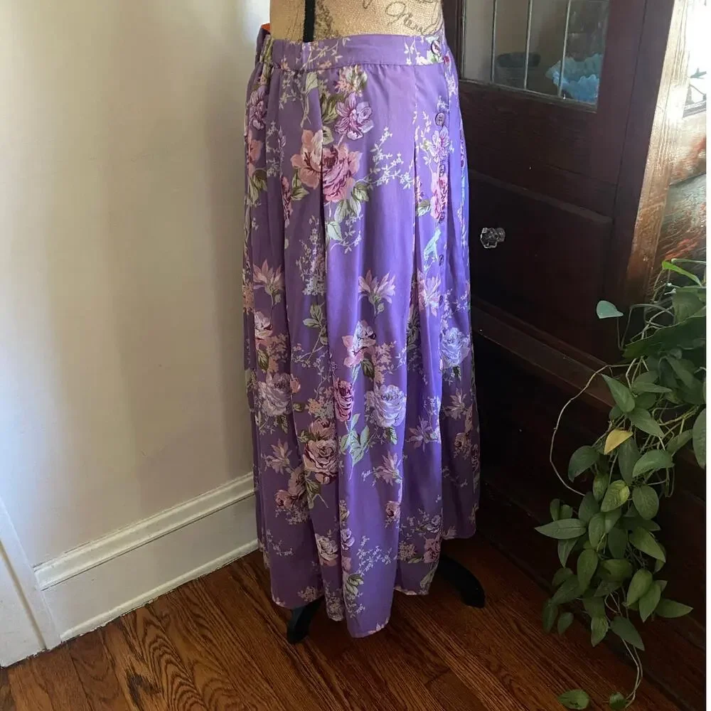 Vintage Lavender Floral Maxi Skirt Cottagecore Button Front L Denim 24/7